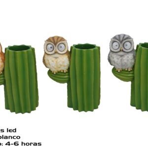 **G-PROMOCIÓN Macetero Cactus con búho 2 luces led solares (Precio por unidad) 10,5x16,5x22cm
