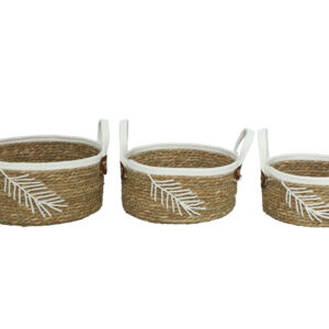 **A5/G-Set de 3 Cestas bajas con asas y hoja blanca Romina (Precio por set)