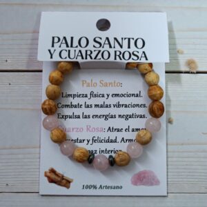 **Pulsera Palo Santo y Cuarzo Rosa 8mm Artesano