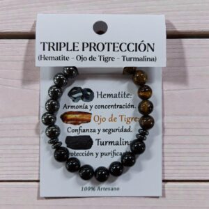 **Pulsera Triple Protección Hematite-Ojo de Tigre-Turmalina 8mm Artesano