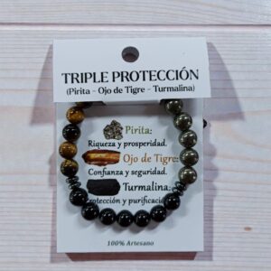**Pulsera Triple Protección Pirita-Ojo de Tigre-Turmalina 8mm Artesano