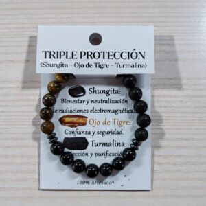 **Pulsera Triple Protección Shungita-Ojo de Tigre-Turmalina 8mm Artesano