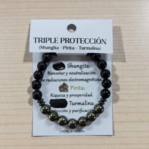 **Pulsera Triple Protección Shungita-Pirita-Turmalina 8mm Artesano