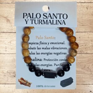 **Pulsera Palo Santo y Turmalina Cúbica 8mm Artesano