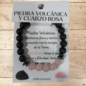 **Pulsera Volcánica y Cuarzo Rosa 8mm artesanal