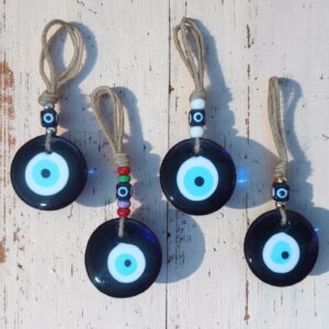 **Colgador Ojo Turco Ø 8cm con cuerda de yute y cuentas decorativas (Precio por unidad)