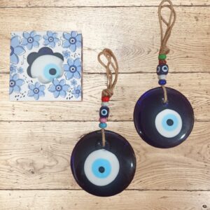 **Colgador Ojo Turco Ø 10,5cm con cuerda de yute y cuentas decorativas en caja presentación (Precio por unidad)