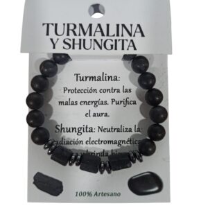 **Pulsera Shungita con 3 turmalinas cúbicas 8mm
