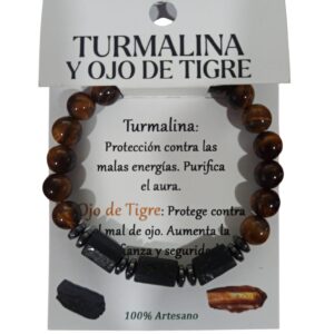 **Pulsera Ojo de Tigre con 3 turmalinas cúbicas 8mm