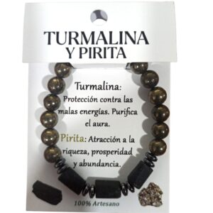 **Pulsera Pirita con 3 turmalinas cúbicas 8mm