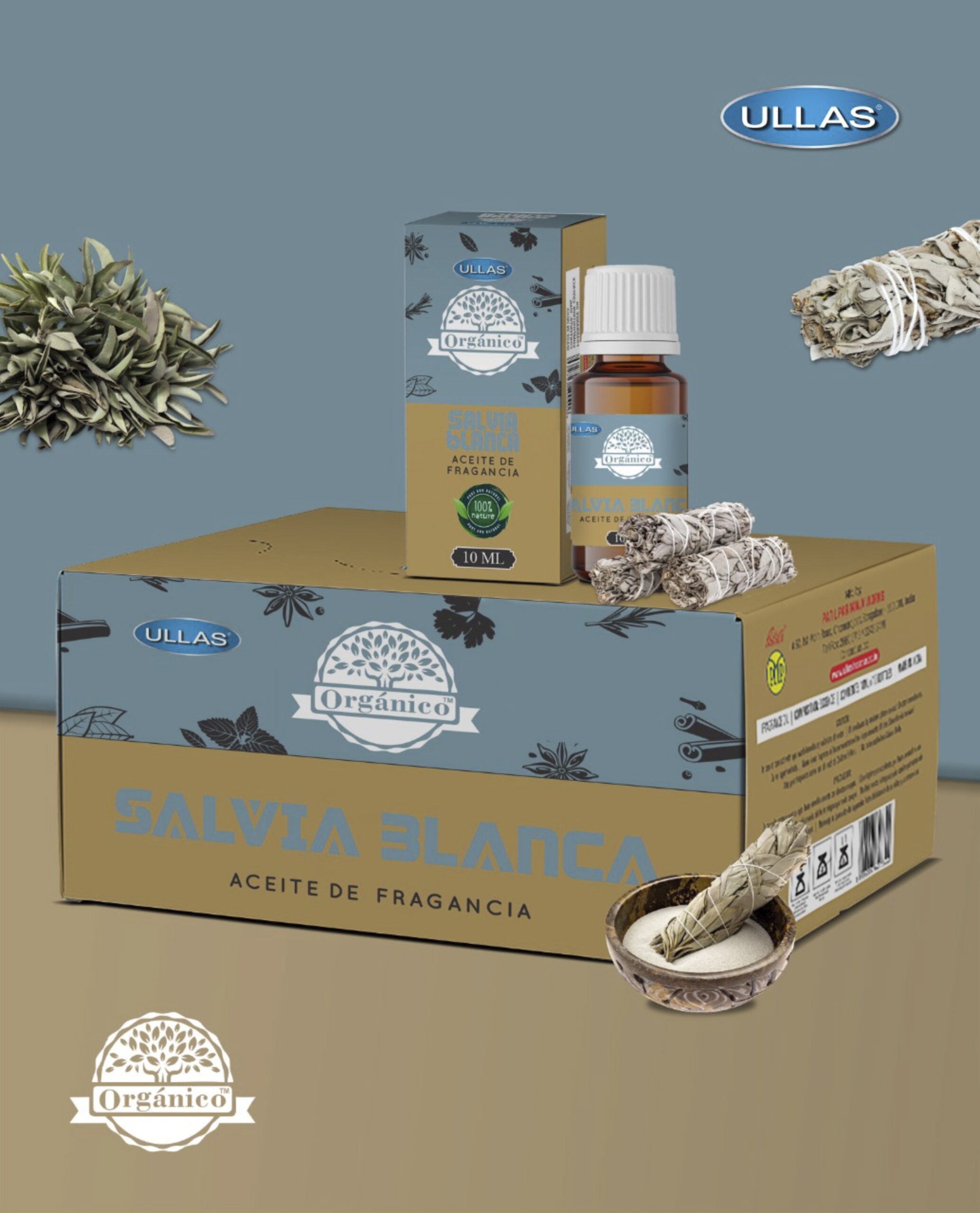 A3-Salvia Blanca caja 12 botes de 10ml de aceites fragancia orgánico 100% natural ULLAS