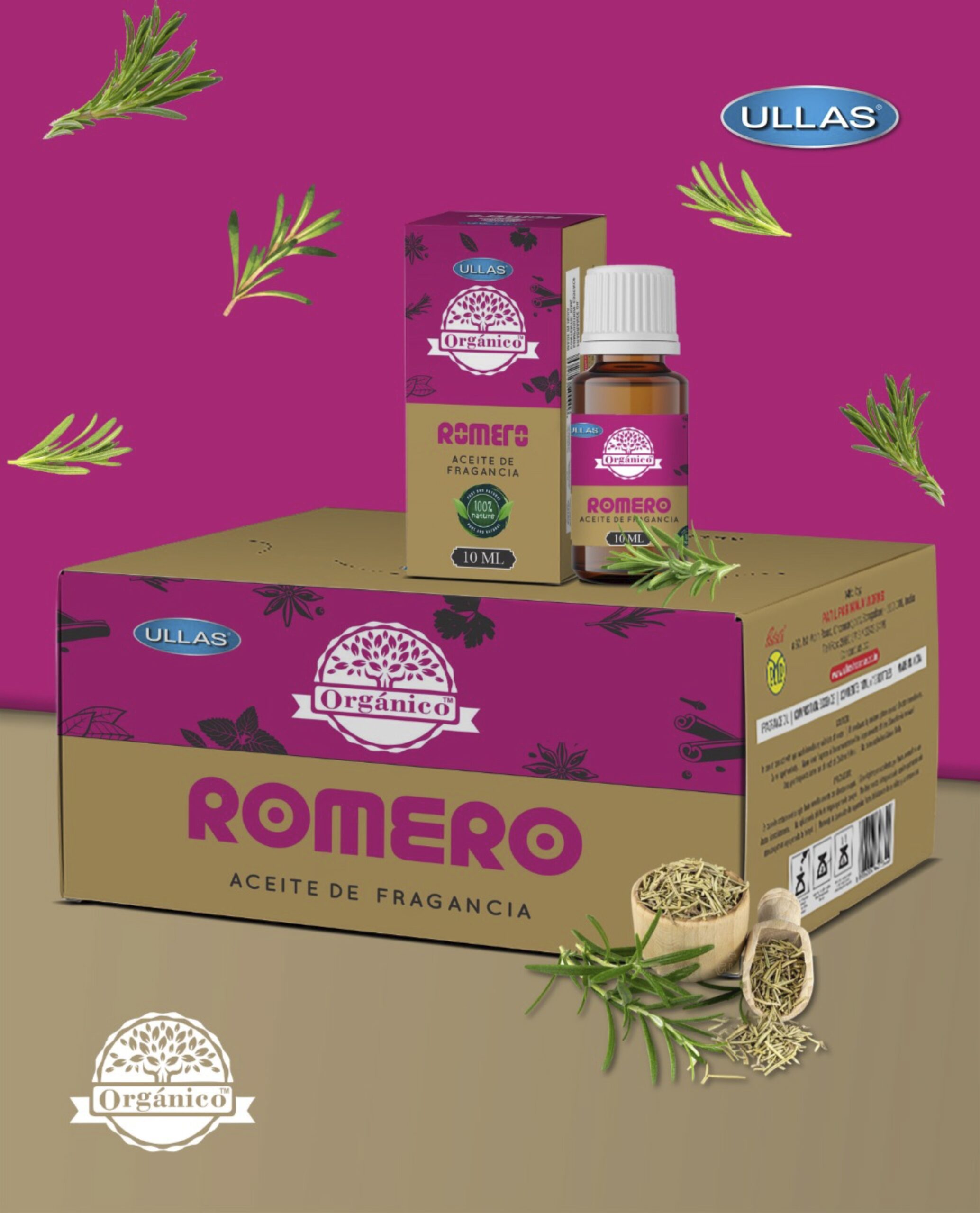A3-Romero caja 12 botes de 10ml de aceites fragancia orgánico 100% natural ULLAS