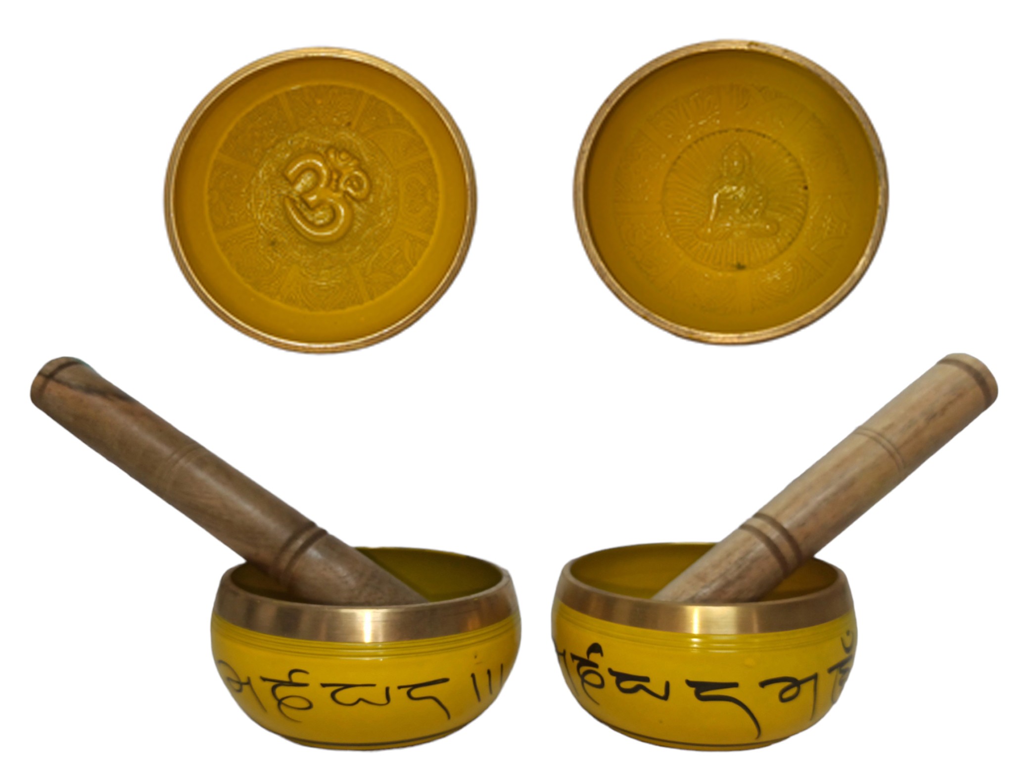 **B1-Cuenco Tibetano Ø10cm amarillo letras y fondo relieve (con Maza) Precio por unidad