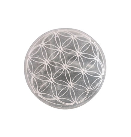 **B6-Placa Ø8cm selenita Flor de la vida grabada
