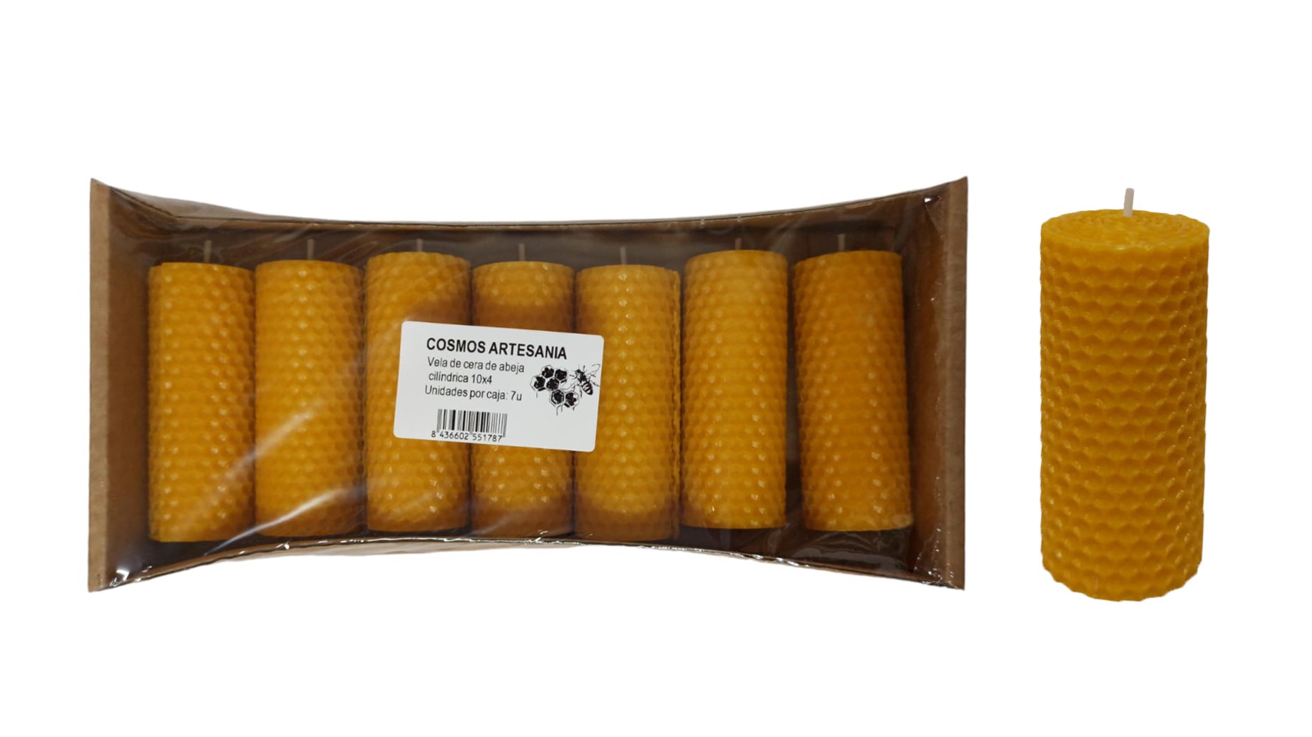 **Caja 7 velas cilíndrica 10x4cm bujía panal miel