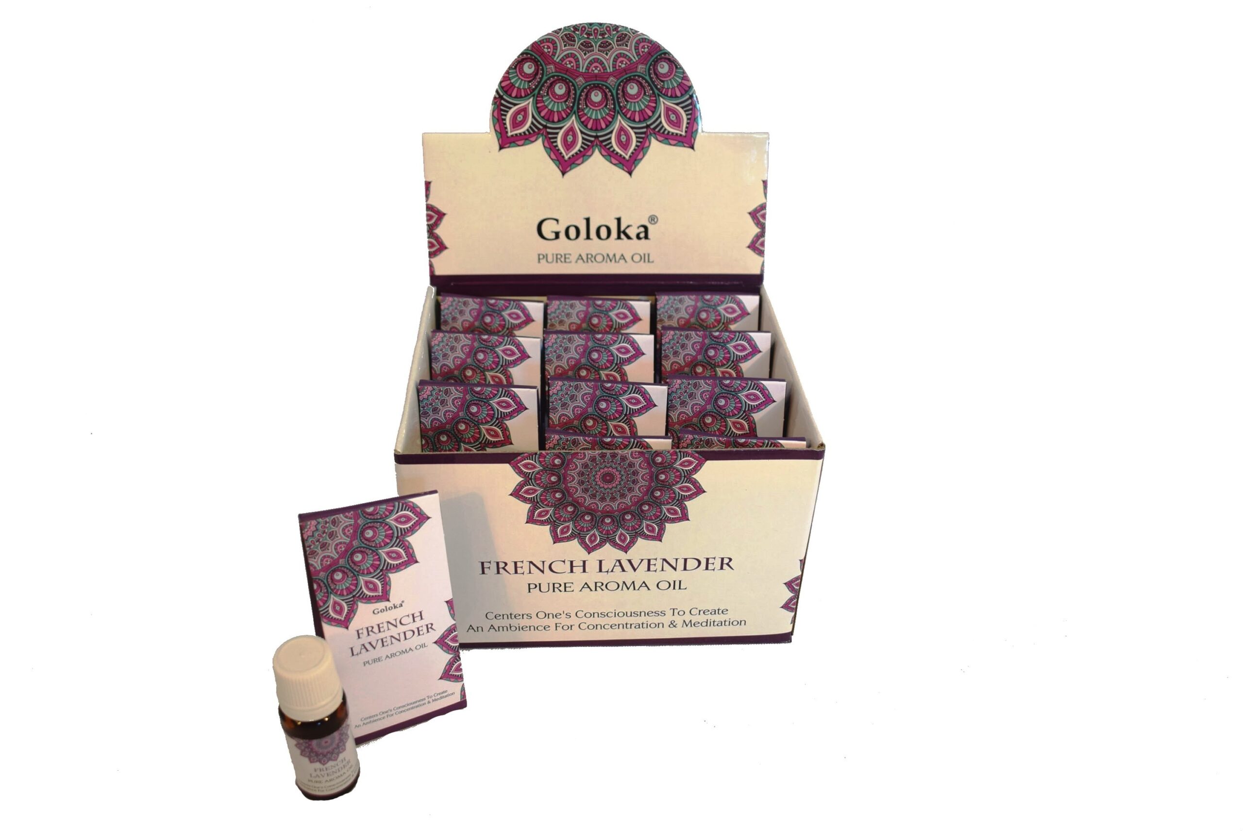 A2-Expositor Lavanda Francesa 12 aceites aromáticos Goloka
