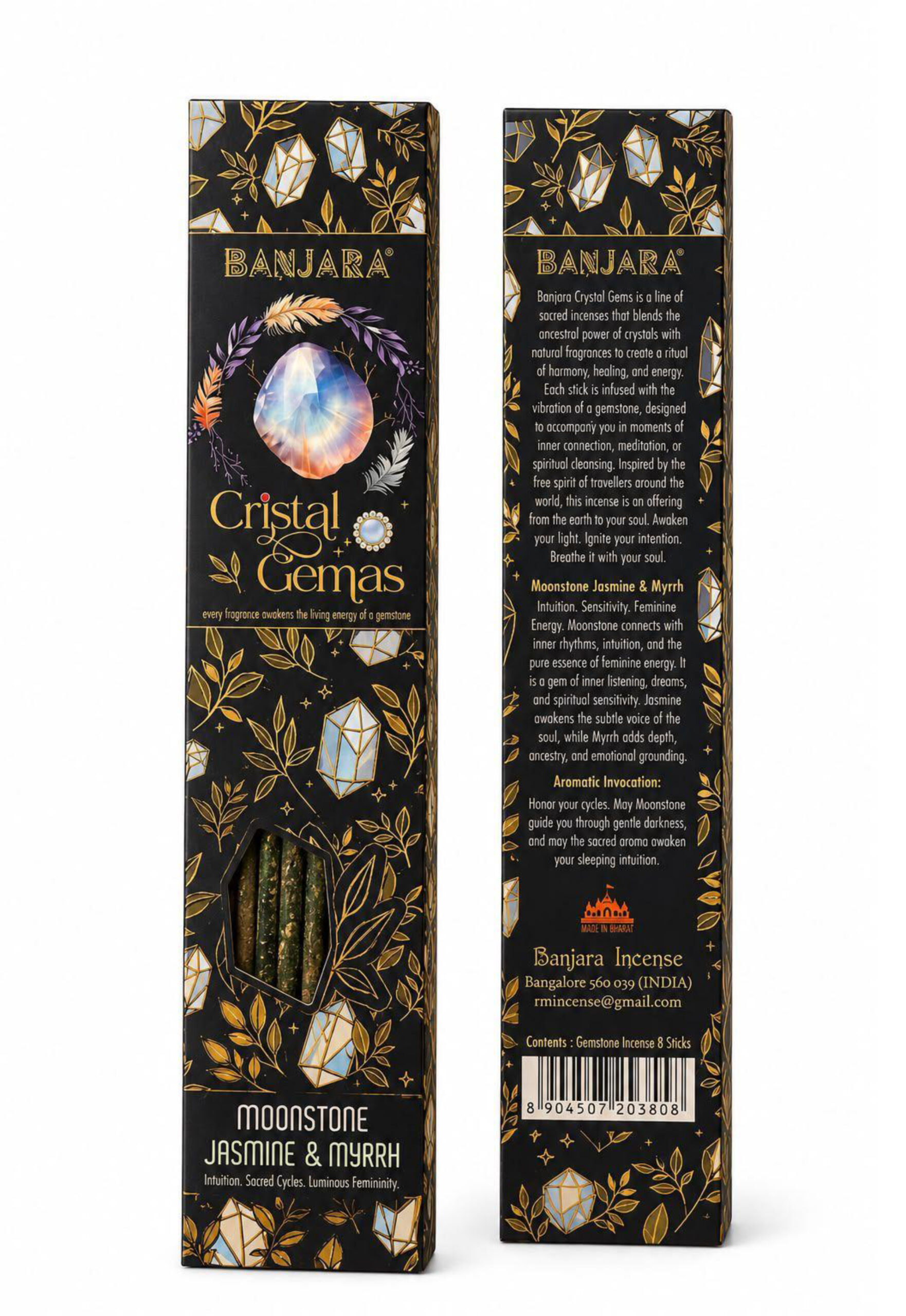 **Kit Incienso artesanal jazmín y mirra con minerales de piedra luna