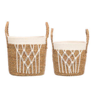 **G-Set de 2 cestos macrame trenzado blanco con asas (Precio por set de 2)